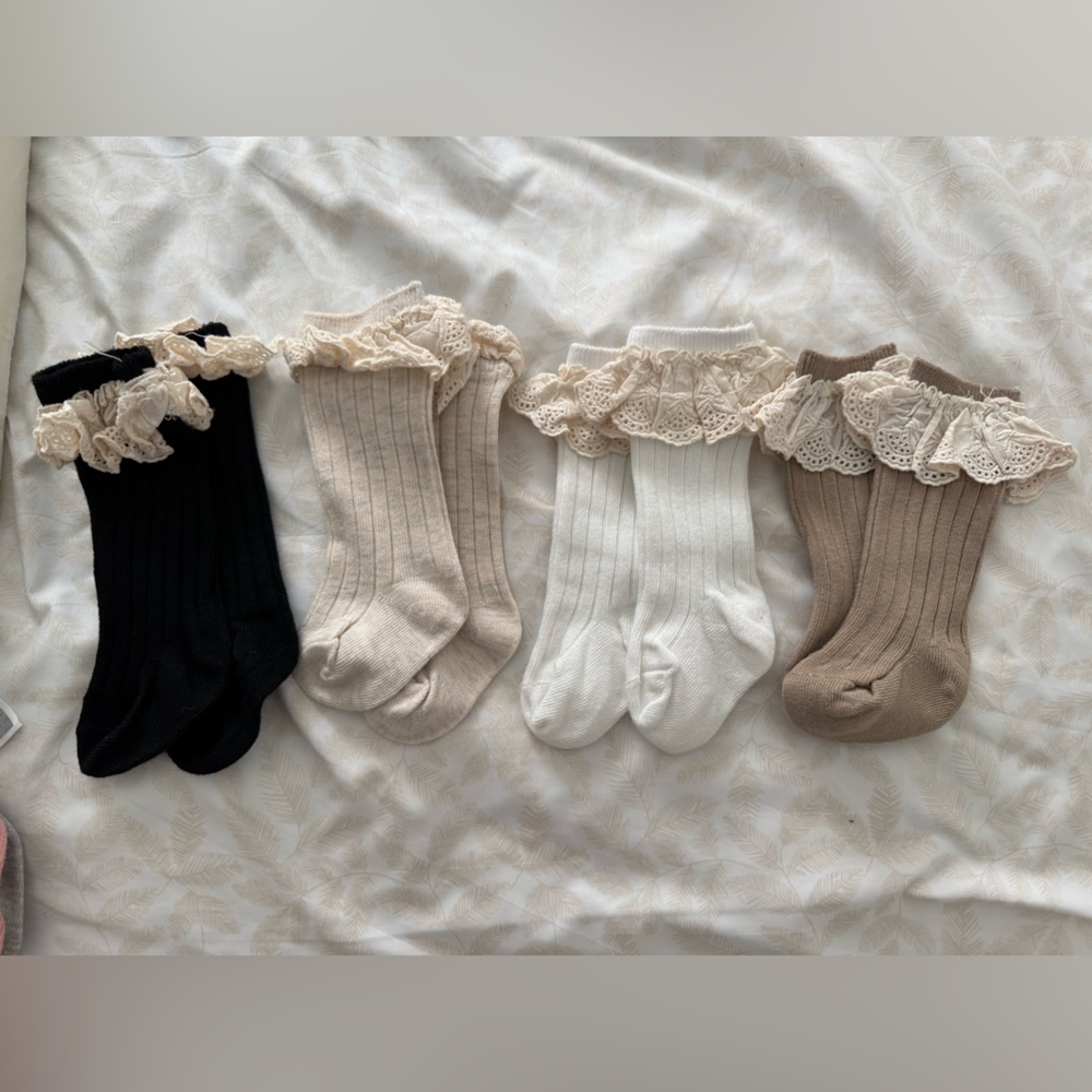 Lace Trim Ribbed Knee High Socks Set